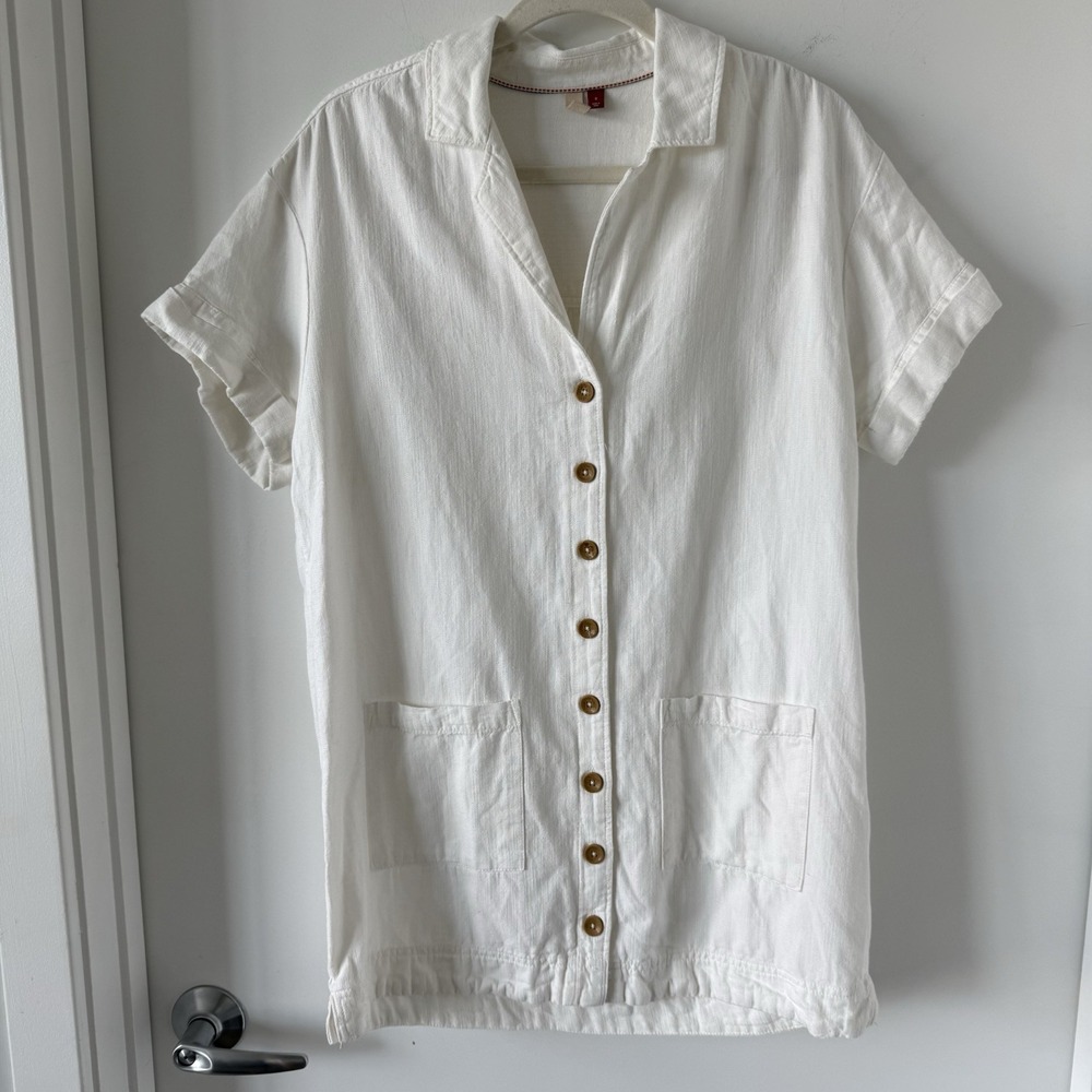 Anthropologie Pilcro Button down Shirt Mini Dress White Linen Camp Collar Sz S